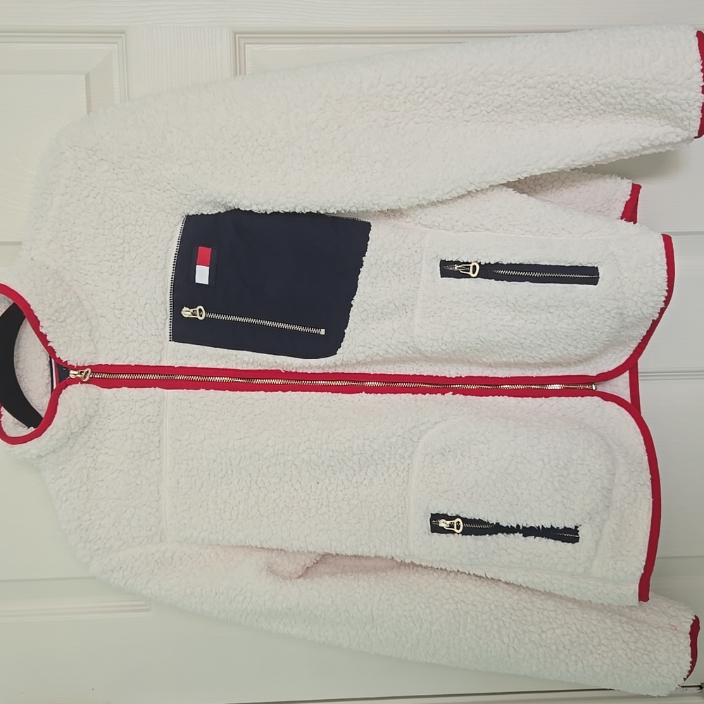 Tommy Hilfiger Cream Teddy Jacket with Navy and Red Trim